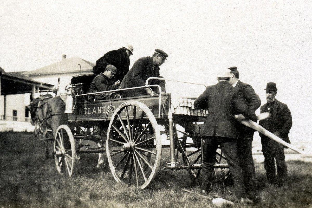 John & Tom Cluff, Frank Wakefield Sr., Ed Stone (who just pinched his finger), Luman Fletcher & Seth Pinkham: Draining hoses on Stone Haven Hill.