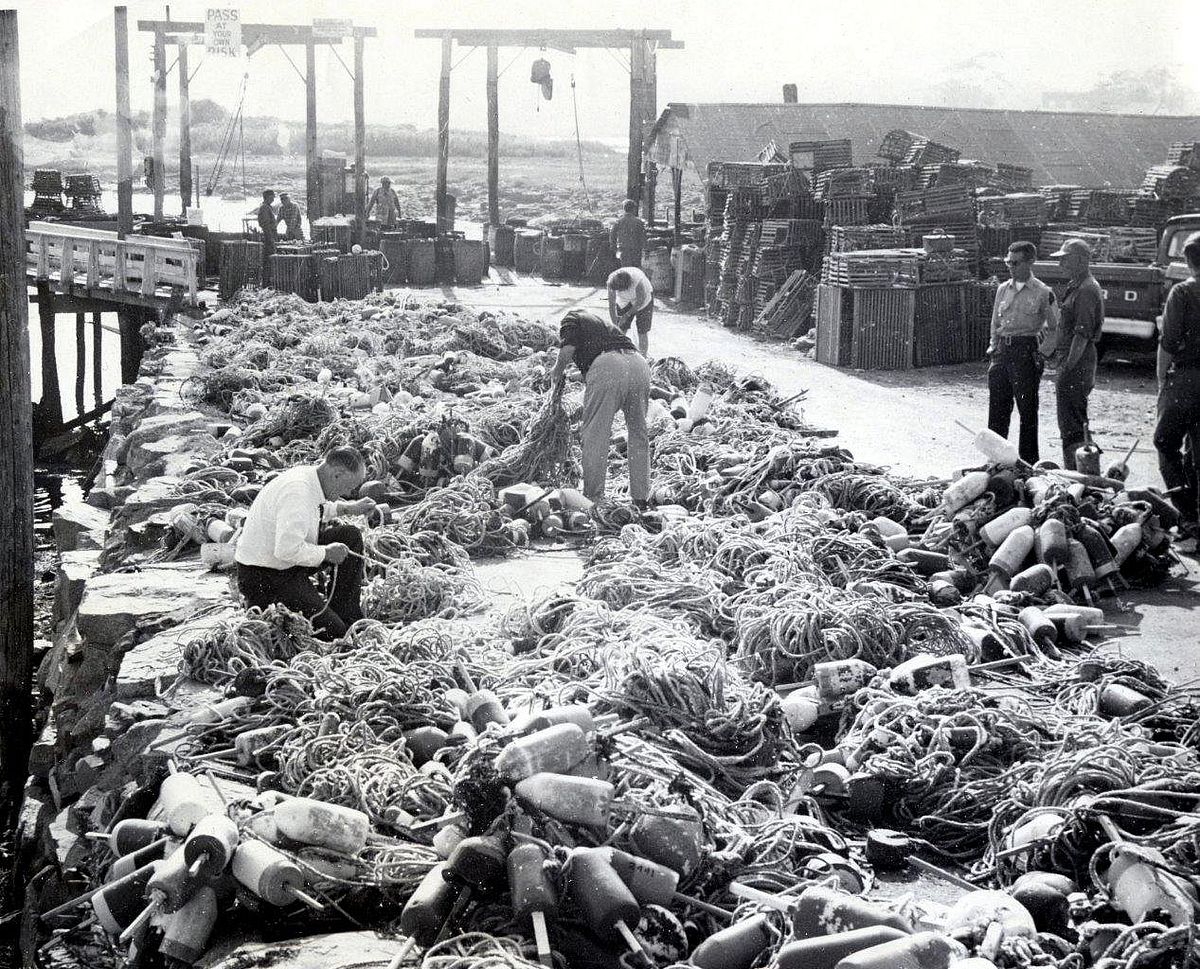 State Representative Elmont Tyndale on Left & Game Warden Frank White on Right, Untangling Gear, 1960’s
