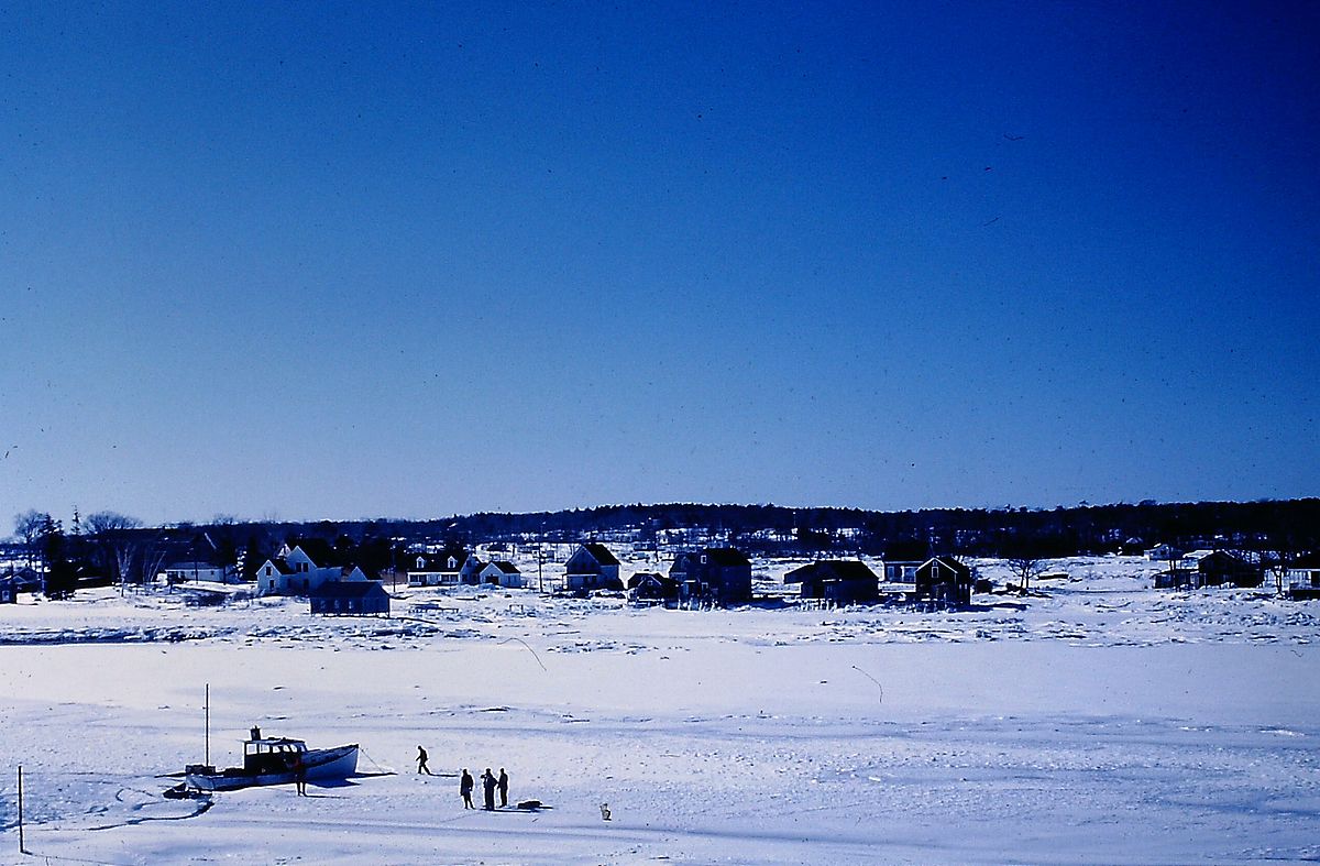 Blasting the ice in Cape Porpoise cove to free lobster boats, 1961