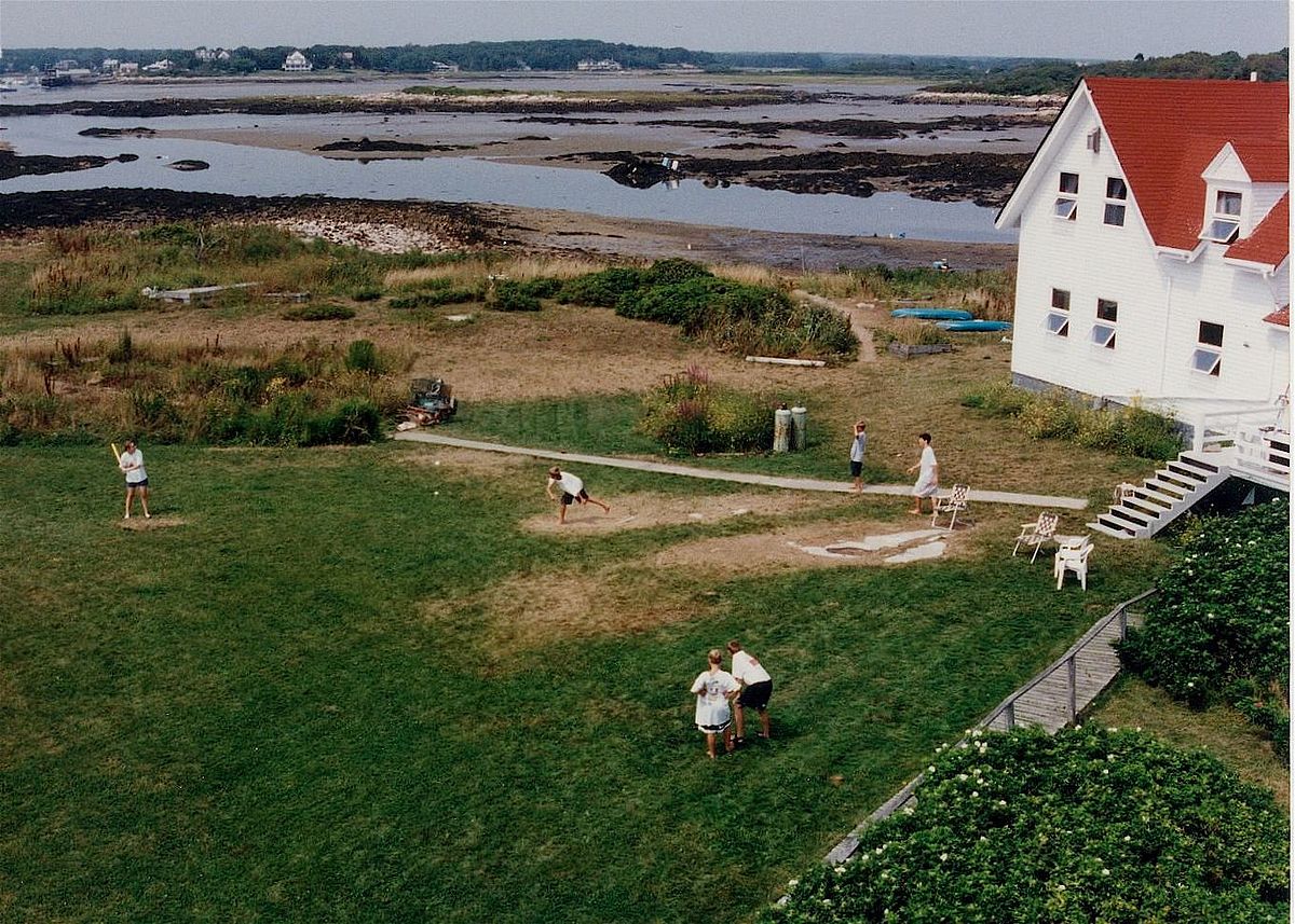 Eric and friends playing wiffle ball on the Goat Island lawn