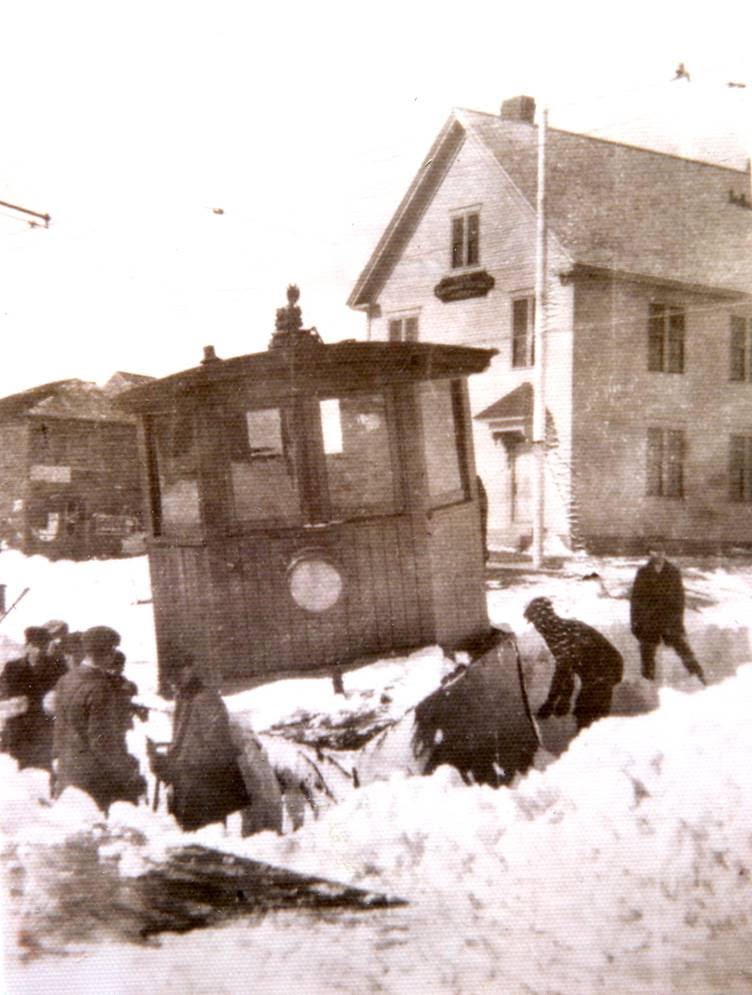 A Trolley Stuck in Snow, Cape Porpoise Square in front of the School House